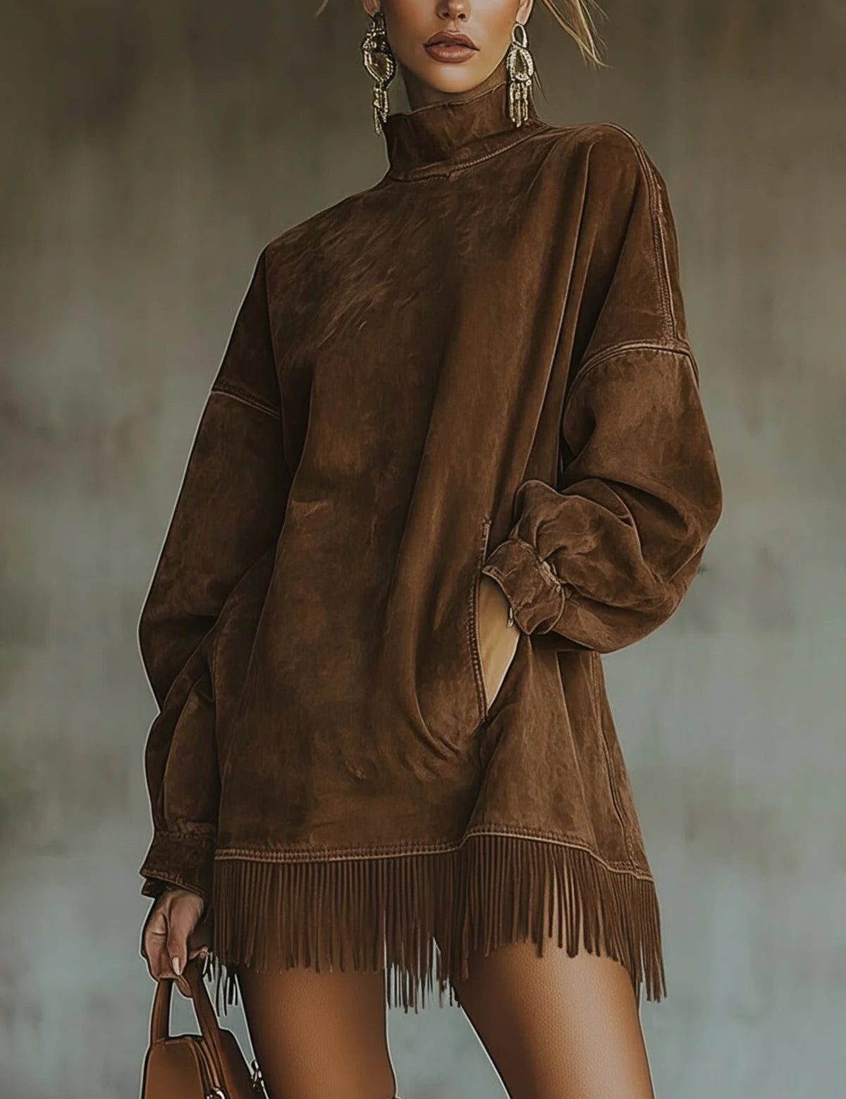 Savana Fringe™ | Vintage Suede Turtleneck Mini Dress