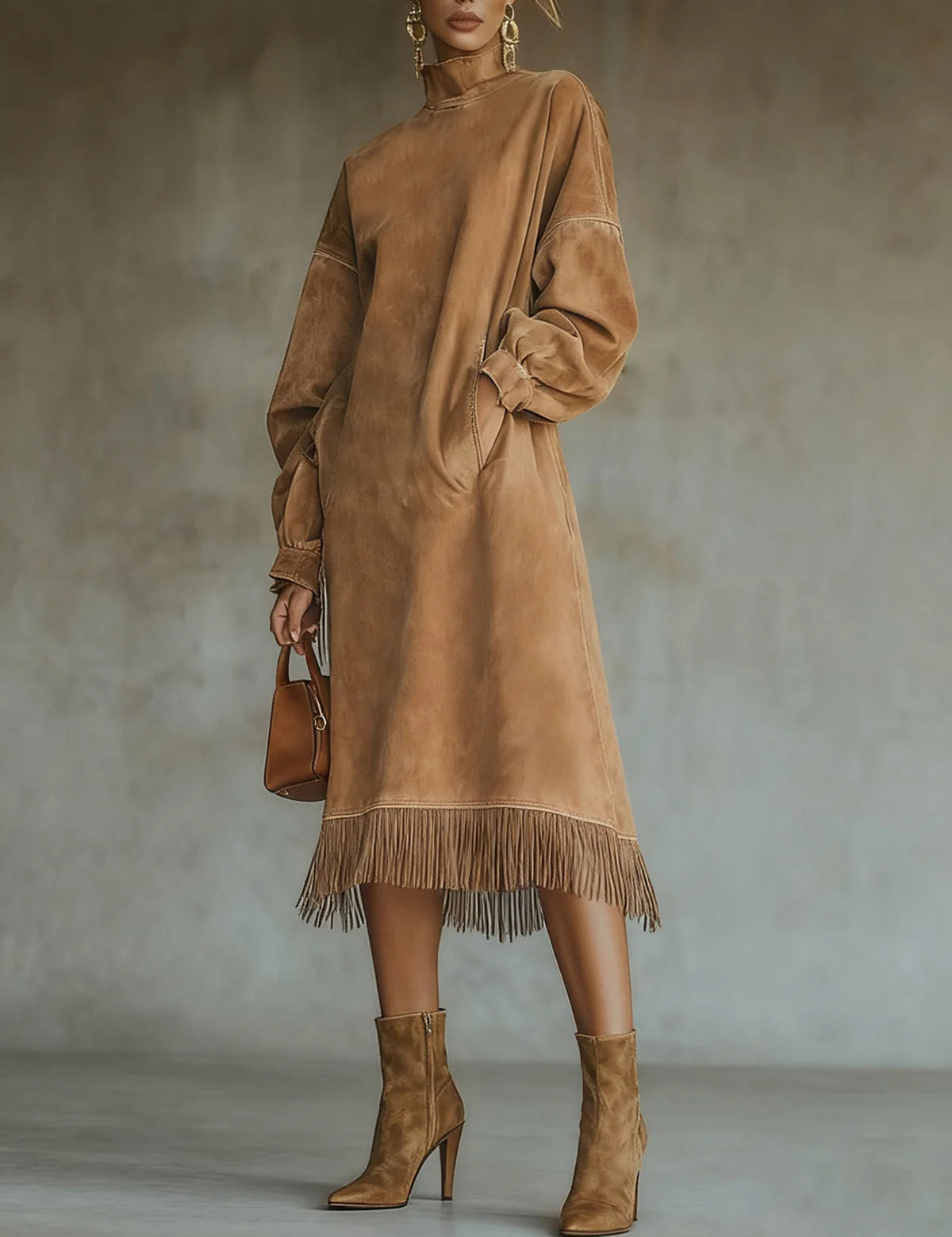 Aurelia Fringe™ | Vintage Suede High-Neck Midi Dress