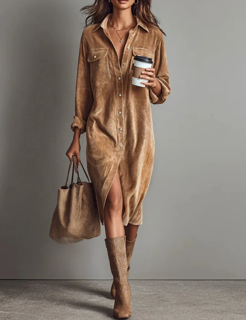 Isla Charcoal™ Vintage Corduroy Midi Shirt Dress