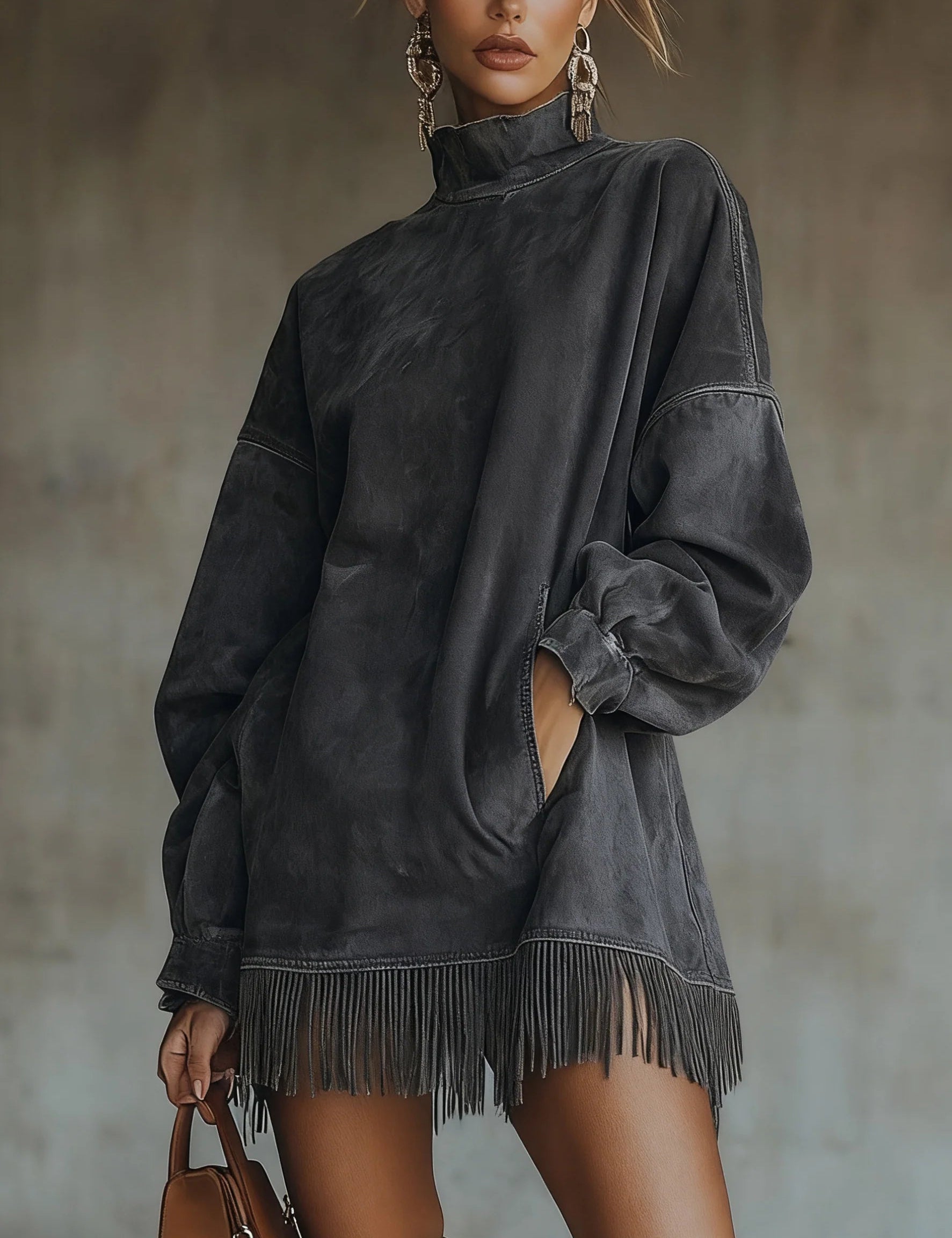 Savana Fringe™ | Vintage Suede Turtleneck Mini Dress