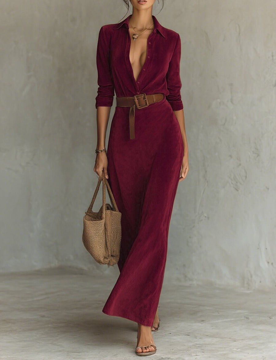 Solaire Suede™ | Elegant Vintage Maxi Shirt Dress