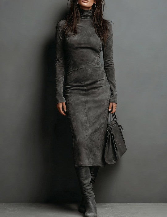 Marcelle Luxe™ | Contour Suede Turtleneck Midi Dress