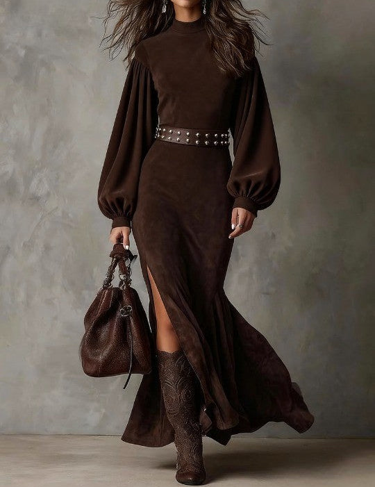 Aurelia™ | Luxe Suede High-Neck Maxi Dress